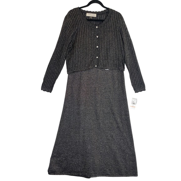 Taylor 2X Black Silver Metallic Knit Dress & Cardigan Set Plus Size Party - Picture 1 of 7